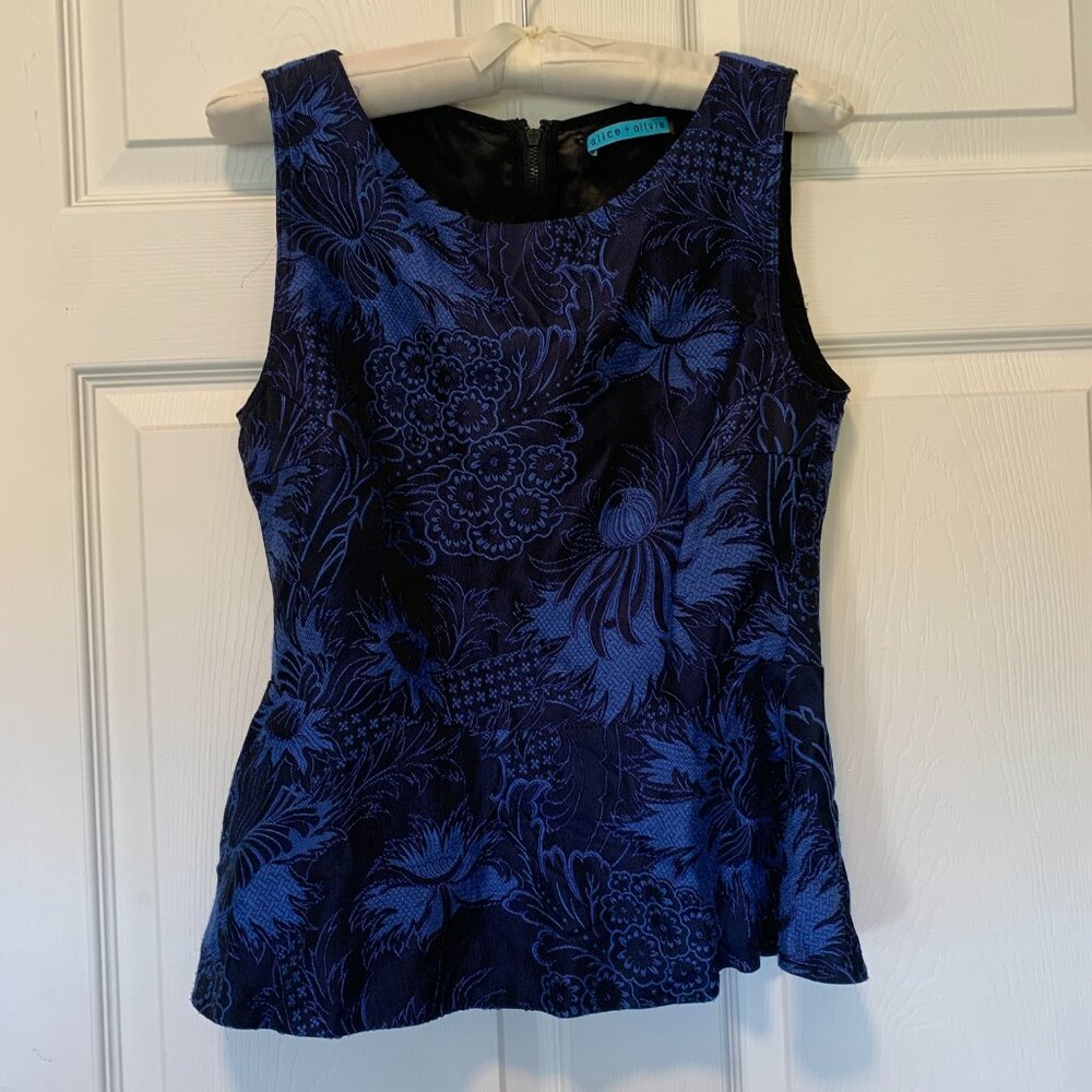Alice + Olivia Blue Floral Brocade Peplum Top